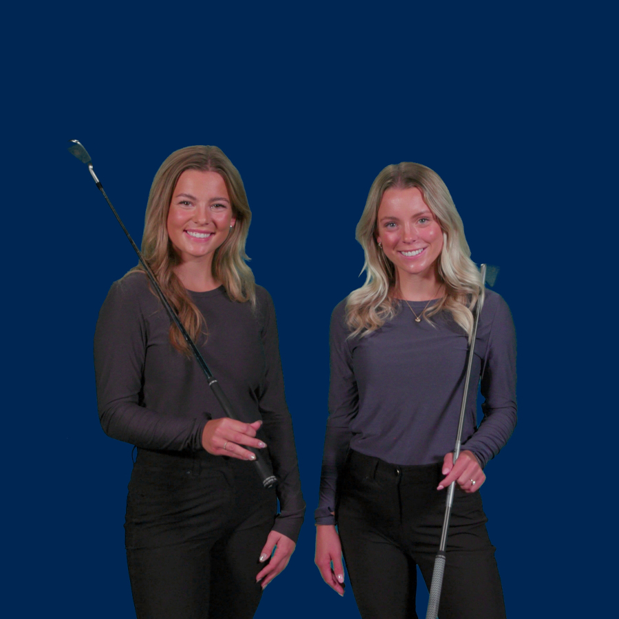 Blue Background with two women golfers